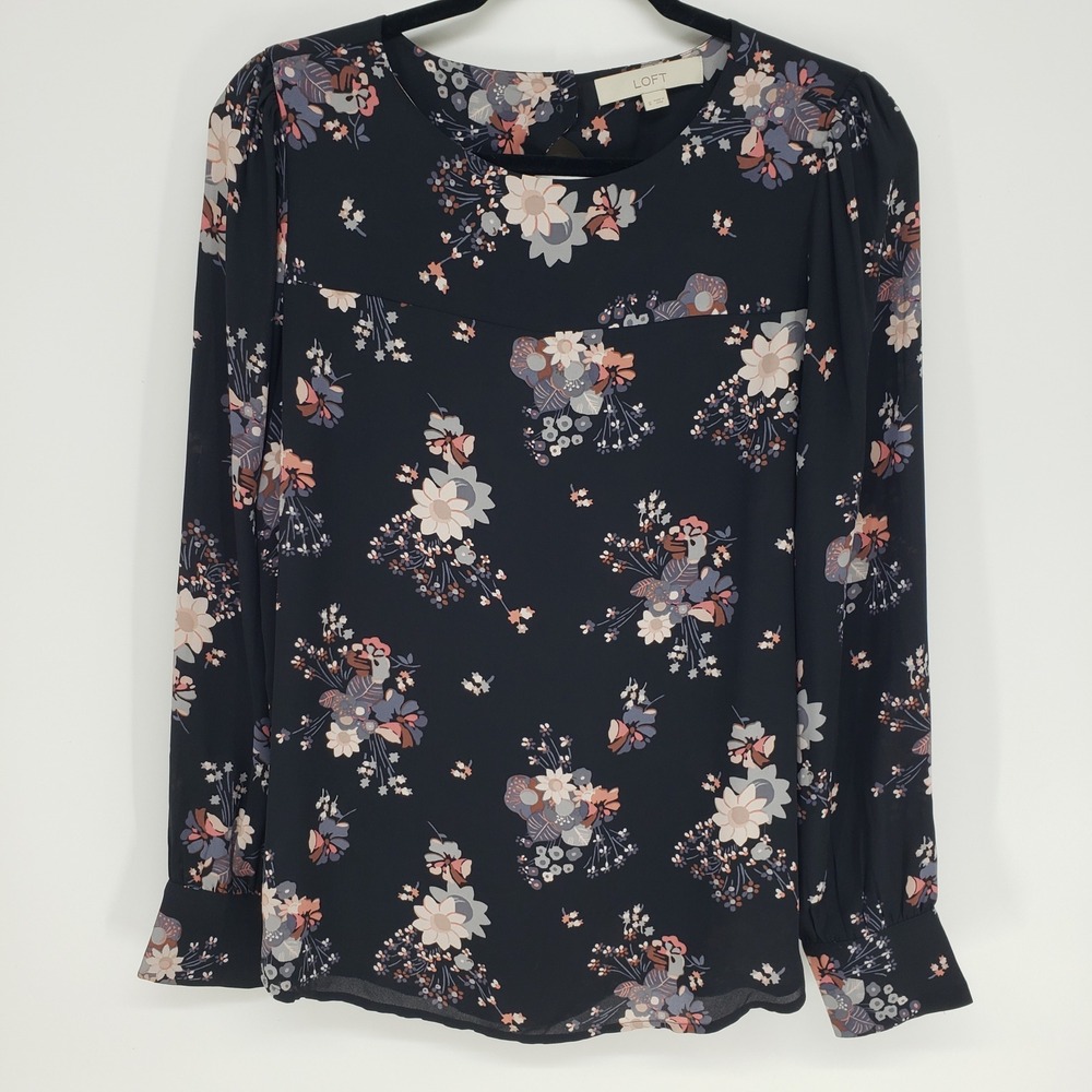 LOFT Floral Print Long Sleeve Blouse Top Women Size Small Black Career Work Boho